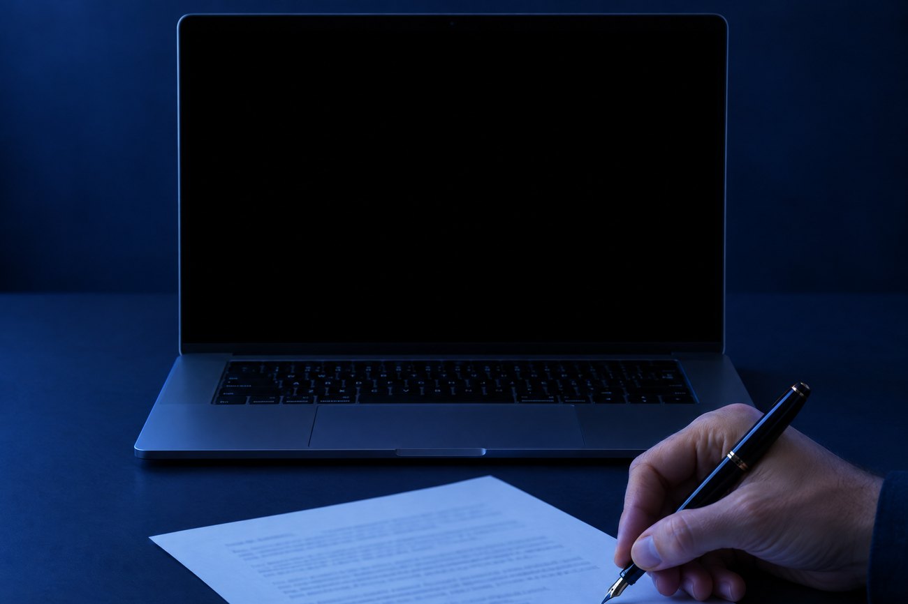 A hand signing the limit sheet next to a MacBook showing the limits