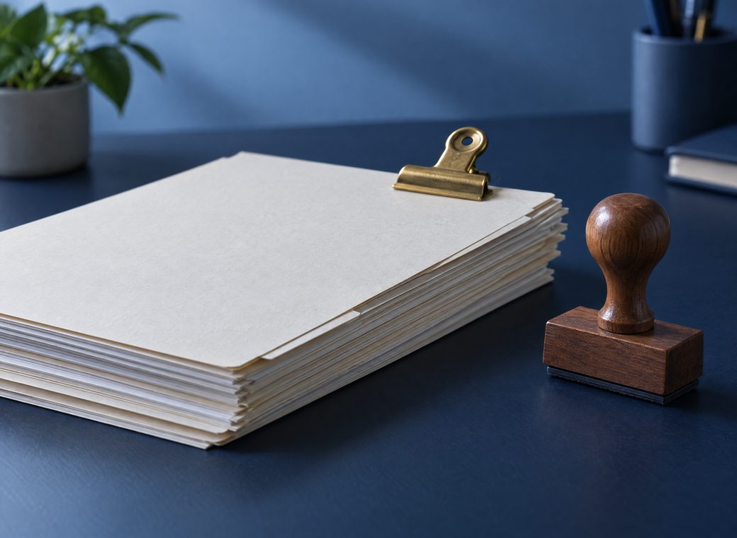 A stack of files and a rubber stamp