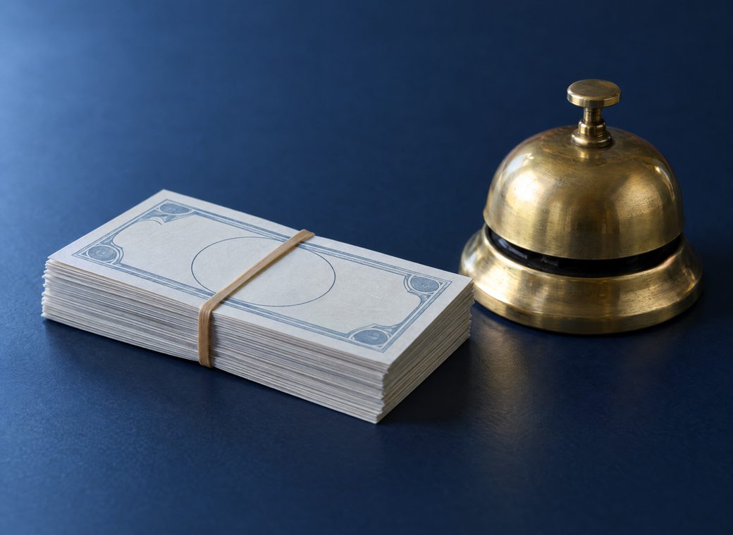 A stack of play money and a desk bell